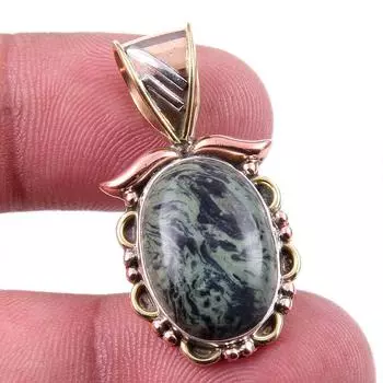 Natural Green Pietersite Gemstone 925 Solid Silver Two Tone Pendant 1.25 k3w44