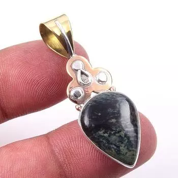 Natural Green Pietersite Gemstone 925 Solid Silver Two Tone Pendant 1.75 k7S04