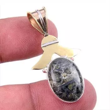 Natural Green Pietersite Gemstone 925 Solid Silver Two Tone Pendant 1.50 H0f86