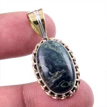 Natural Green Pietersite Gemstone 925 Solid Silver Two Tone Pendant 1.50 F6B03