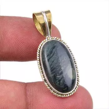 Natural Green Pietersite Gemstone 925 Solid Silver Two Tone Pendant 1.50 e9P54