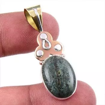 Natural Green Pietersite Gemstone 925 Solid Silver Two Tone Pendant 1.75 E4l55
