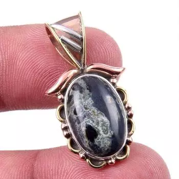 Natural Green Pietersite Gemstone 925 Solid Silver Two Tone Pendant 1.25 Q1F16