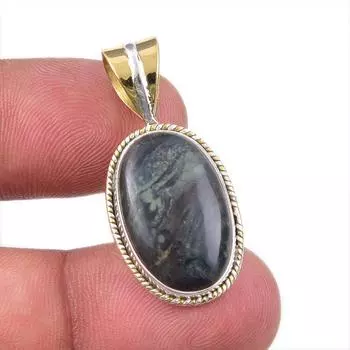 Natural Green Pietersite Gemstone 925 Solid Silver Two Tone Pendant 1.50 C7u61