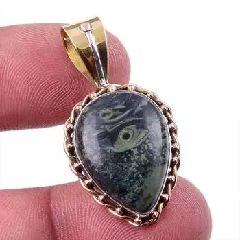 Natural Green Pietersite Gemstone 925 Solid Silver Two Tone Pendant 1.25 W8J97