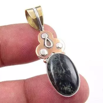 Natural Green Pietersite Gemstone 925 Solid Silver Two Tone Pendant 1.75 h1B60