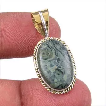 Natural Green Pietersite Gemstone 925 Solid Silver Two Tone Pendant 1.50 B7E28
