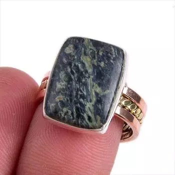 Natural Green Pietersite Gemstone Two Tone 925 Sterling Silver Ring Size 7 d3I41