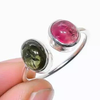 Кольцо из стерлингового серебра 925 пробы с натуральным зеленым розовым турмалином, овальной формы, размер 7,5 (США) 7.5 US