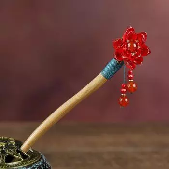 Natural green sandalwood lotus agate fringed hairpin women s retro temperament disc hairpin Hanfu hairpin headdress