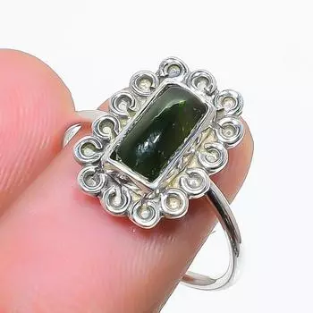 Natural Green Tourmaline Gemstone 925 Sterling Silver Baguette Ring Size 7.5 US 7.5 US