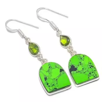 Серьги из стерлингового серебра 925 пробы с натуральной зеленой бирюзой и драгоценным камнем перидот 1,97 дюйма P8i03