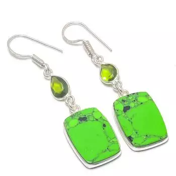 Серьги из стерлингового серебра 925 пробы с натуральной зеленой бирюзой и драгоценным камнем перидот 2,01 дюйма k7U45