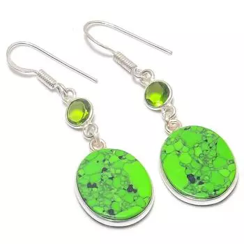 Серьги из серебра 925 пробы с натуральным зеленым бирюзовым камнем и перидотом 1,85 дюйма V8r09
