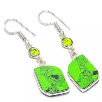 Серьги из стерлингового серебра 925 пробы с натуральной зеленой бирюзой и драгоценным камнем перидот 1,93 дюйма Y0l17
