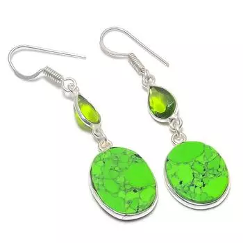 Серьги из серебра 925 пробы с натуральным зеленым бирюзовым камнем и перидотом 2,05 дюйма R2d10