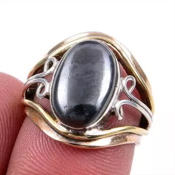 Natural Gunmetal Gemstone 925 Solid Silver Jewelry Two Tone Ring Size 5.5US z3M79