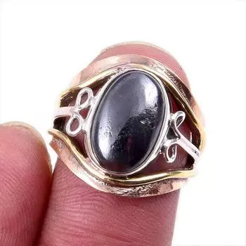 Natural Gunmetal Gemstone 925 Solid Silver Jewelry Two Tone Ring Size 6US t5f53