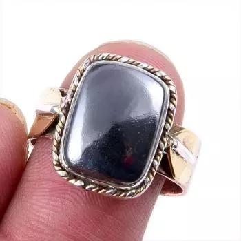 Natural Gunmetal Gemstone 925 Solid Silver Jewelry Two Tone Ring Size 9US M0f84