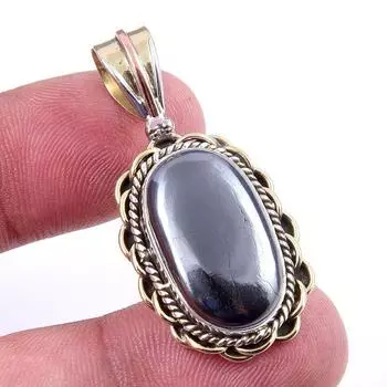Natural Gunmetal Gemstone 925 Solid Sterling Silver Two Tone Pendant 1.50 D5G42