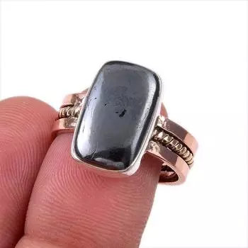 Natural Gunmetal Gemstone 925 Solid Sterling Silver Gift Two Tone Ring S.8 S6L90