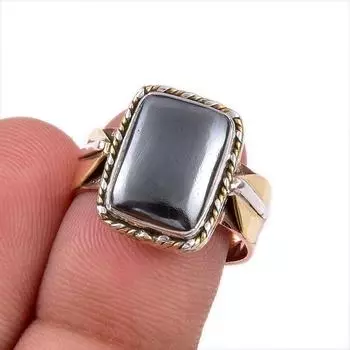 Natural Gunmetal Gemstone 925 Solid Sterling Silver Gift Two Tone Ring S.7 B8W43