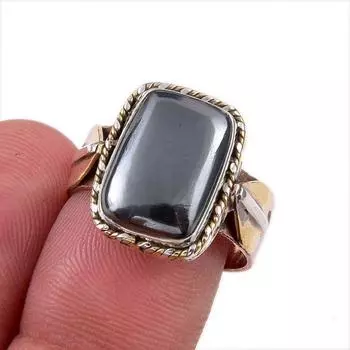 Natural Gunmetal Gemstone 925 Solid Sterling Silver Gift Two Tone Ring S.8 C4Z41