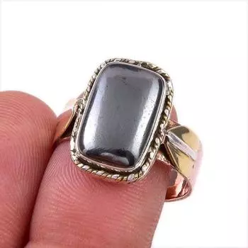 Natural Gunmetal Gemstone 925 Solid Sterling Silver Gift Two Tone Ring S.9 M4U24