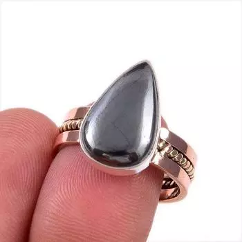 Natural Gunmetal Gemstone 925 Solid Sterling Silver Gift Two Tone Ring S.8 D6Q17