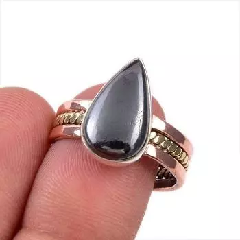 Natural Gunmetal Gemstone 925 Solid Sterling Silver Two Tone Ring Size 8.5 z1Y00