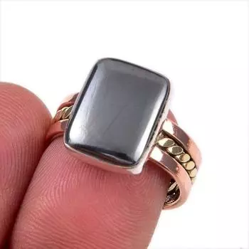 Natural Gunmetal Gemstone 925 Solid Sterling Silver Gift Two Tone Ring S.7 R5r25