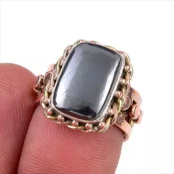 Natural Gunmetal Gemstone 925 Solid Sterling Silver Gift Two Tone Ring S.6 u1k65