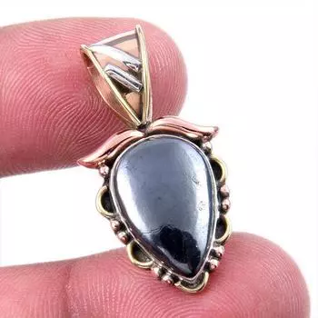 Natural Gunmetal Gemstone 925 Solid Sterling Silver Two Tone Pendant 1.25 O0u46