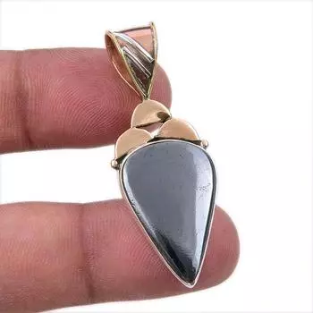 Natural Gunmetal Gemstone 925 Solid Sterling Silver Two Tone Pendant 1.75 D0e02