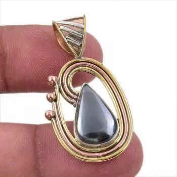 Natural Gunmetal Gemstone 925 Solid Sterling Silver Two Tone Pendant 1.50 Q6P64
