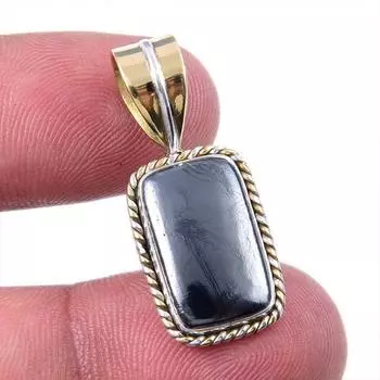 Natural Gunmetal Gemstone 925 Solid Sterling Silver Two Tone Pendant 1.25 B5U56