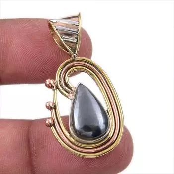 Natural Gunmetal Gemstone 925 Solid Sterling Silver Two Tone Pendant 1.50 w3Q27