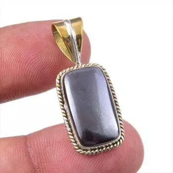 Natural Gunmetal Gemstone 925 Solid Sterling Silver Two Tone Pendant 1.25 j2B51