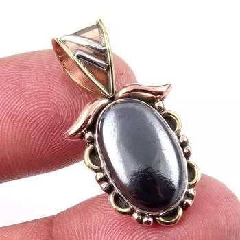 Natural Gunmetal Gemstone 925 Solid Sterling Silver Two Tone Pendant 1.25 J1J98