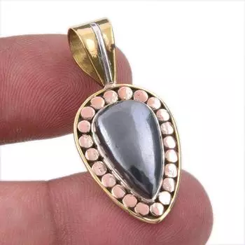 Natural Gunmetal Gemstone 925 Solid Sterling Silver Two Tone Pendant 1.50 c1q87