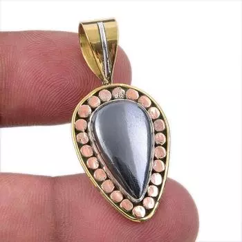 Natural Gunmetal Gemstone 925 Solid Sterling Silver Two Tone Pendant 1.50 t8B86