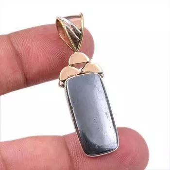 Natural Gunmetal Gemstone 925 Solid Sterling Silver Two Tone Pendant 1.75 g3Q98