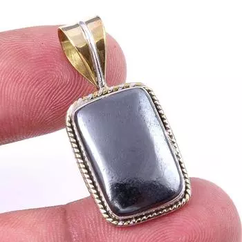 Natural Gunmetal Gemstone 925 Solid Sterling Silver Two Tone Pendant 1.25 i0u91