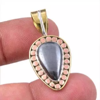 Natural Gunmetal Gemstone 925 Solid Sterling Silver Two Tone Pendant 1.50 T8e16