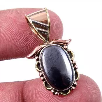 Natural Gunmetal Gemstone 925 Solid Sterling Silver Two Tone Pendant 1.25 Z7Z50