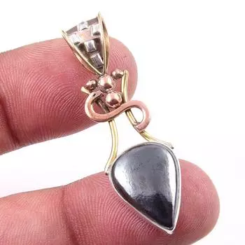 Natural Gunmetal Gemstone 925 Solid Sterling Silver Two Tone Pendant 1.75 F1H36