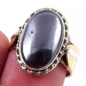 Natural Gunmetal Gemstone Handmade 925 Sterling Silver Two Tone Ring Size 7 J1s39