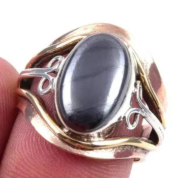 Natural Gunmetal Gemstone Handmade 925 Sterling Silver Two Tone Ring Size 7 l9k58
