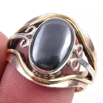 Natural Gunmetal Gemstone Handmade 925 Sterling Silver Two Tone Ring S.7.5 q4p24