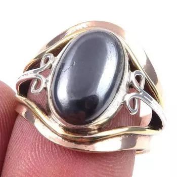 Natural Gunmetal Gemstone Handmade 925 Sterling Silver Two Tone Ring Size 7 P8M77